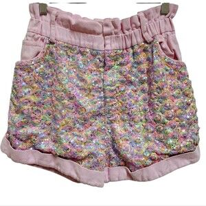 Fantastic Fawn Shorts Womens M Pink Denim Multicolor Sequins Paperbag Pockets